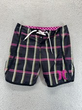 Hurley Youth Drawstring Polyester Swim Board Shorts Plaid Black Pink Plaid Sze 7
