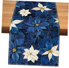 Winter Navy Table Runner Christmas 13" x 108", Table Runner Blue Poinsettia