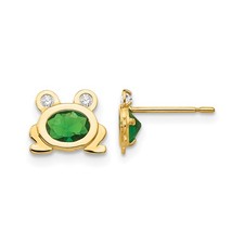 Real 14k Yellow Gold Polished 7x8mm Madi K Green and Clear CZ Frog Post Earrings