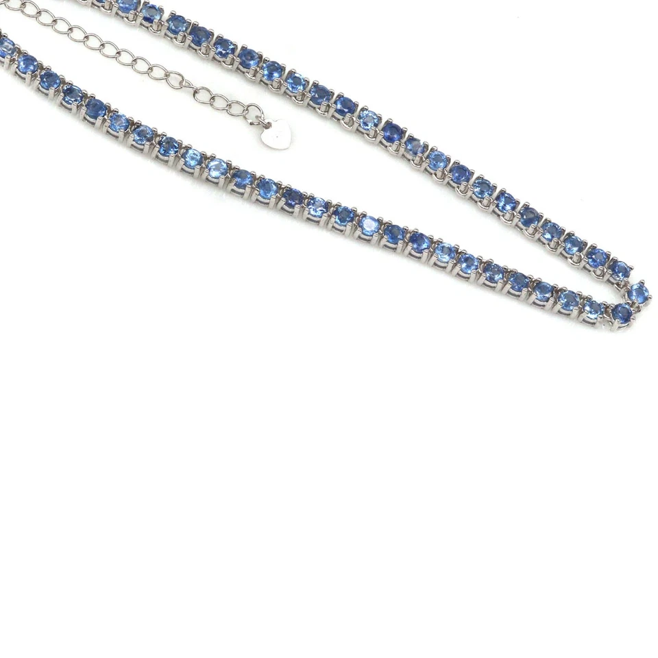 925 Sterlingsilber Weiß Vergoldet 3 Mm Blauer Saphir Halskette 16,0" - Bild 2 von 4