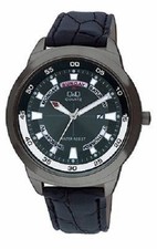 Q Q by Citizen A148J502Y Men's Black Embossed Band Black Dial Day/Date Watch