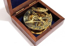 3" Sundial Compass With Teak Wood Box Inlaid Solid Brass Pocket Compass Gift