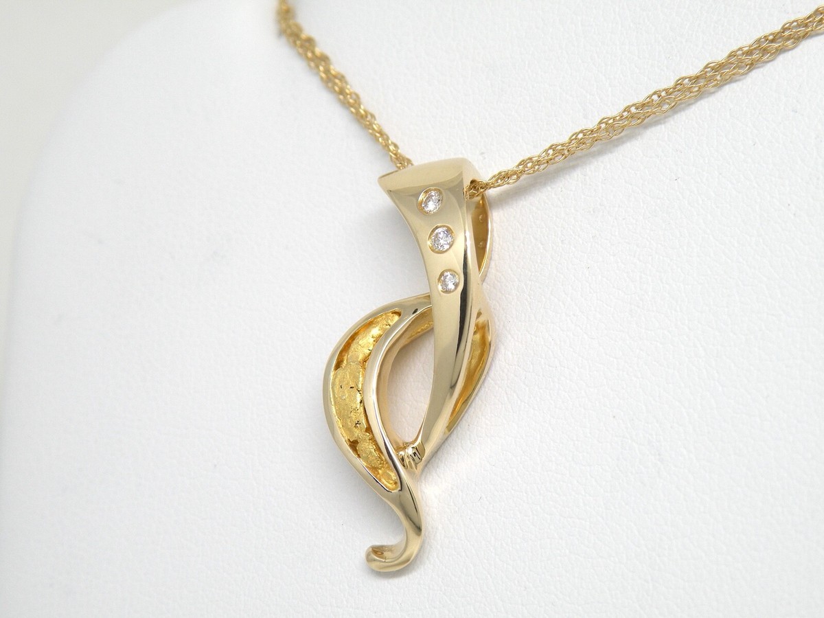 Genuine 14k Gold, Natural gold nuggets, Diamond Pendant Slider New