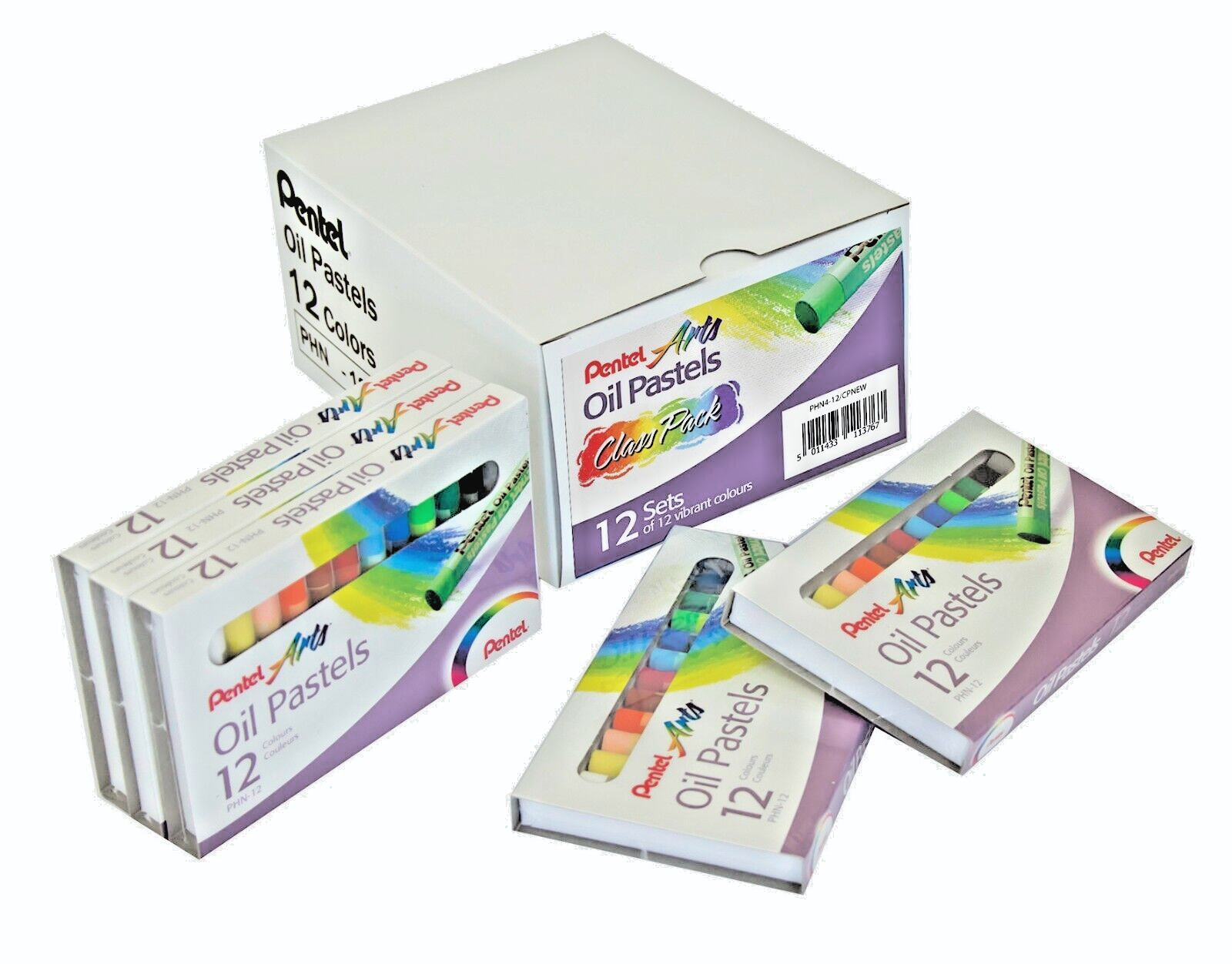 Pentel Arts Oil Pastel Class Pack Mixed Colour PHN4, 12 Mini Packs of 12 Pastels