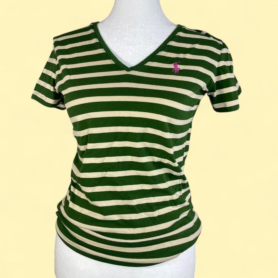 Vintage Y2K Ralph Lauren Sport donna S cotone scollo a V rosa pony verde a righe