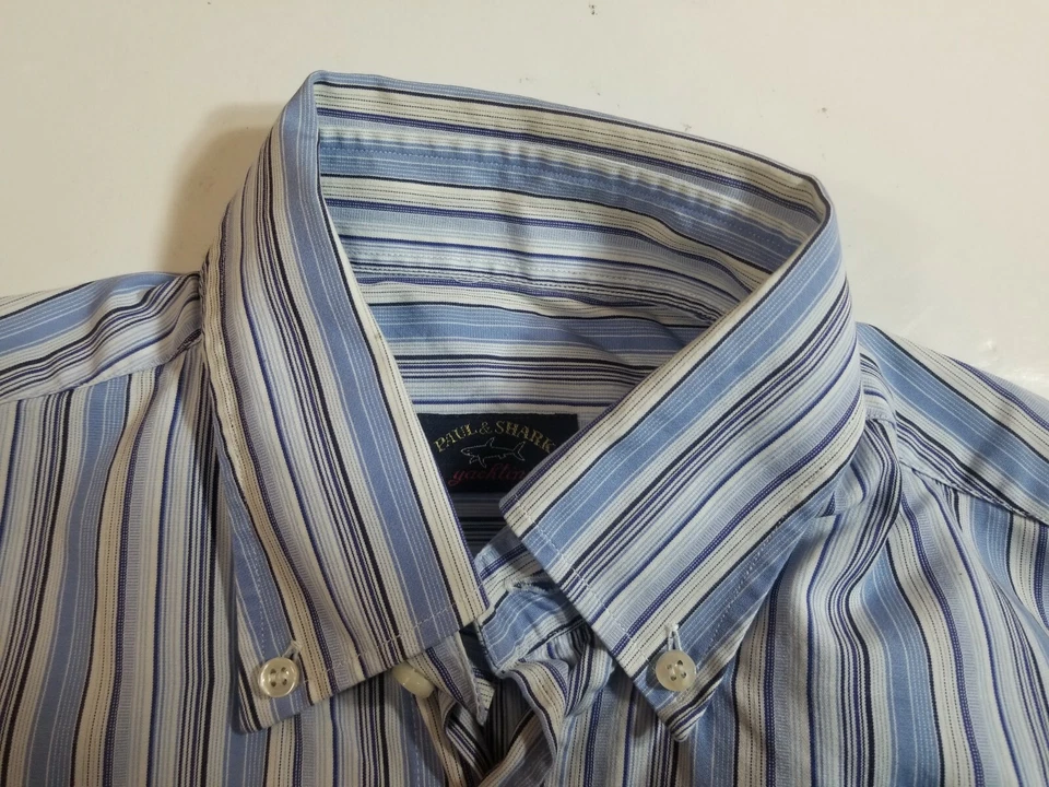 Paul Shark 游艇男式长袖条纹蓝色连衣裙棉质衬衫 39 码 — 第 2/4 张图片
