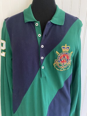 Ralph Lauren Polo Shirt Equestrian Outfitters Diagonal Stripe Large Blue/Green