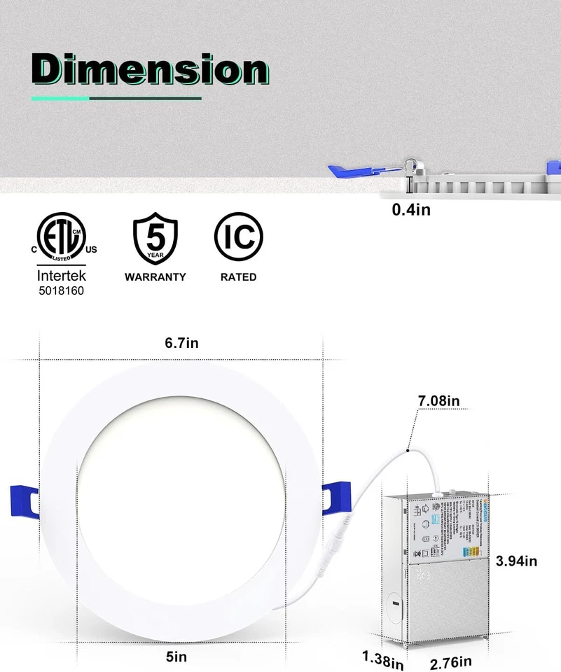 6 Inch 5CCT LED Recessed Ceiling Dimmable Light with Junction Box 2700K-5000K - Image 4 of 4