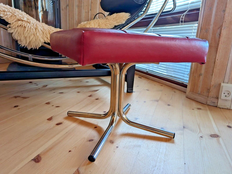 Vintage Leather Stool 70s Footstool Retro Ottoman Danish Pouf Westnofa Era B46 - Image 2 of 4