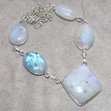 925 Silver Plated Classy Rainbow Moonstone Necklace 17" Elegant Gift Design JW