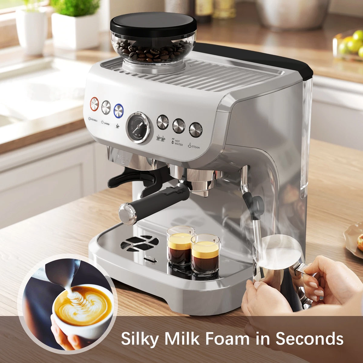 Máquina de café espresso HOMCOM, molinillo de frijoles y varita de vapor, presión de 15 bares, plateada.
