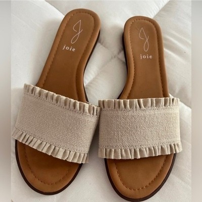 Joie Ruffle Beige Canvas Slide Sandals Women 9.5M P3RUF10 Low Wedge Slip On NEW