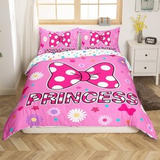Pink Bowknot Kids Duvet Cover Set Queen Size,Daisy Flowers Bow Tie Princess C...