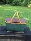 Vintage Green Woven Diamond Pattern Picnic Basket Decor — photo 1