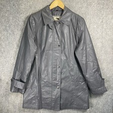 Four Seasons Waxed Rain Coat Womens M Grey Long Mac Snap Buttons Full Zip