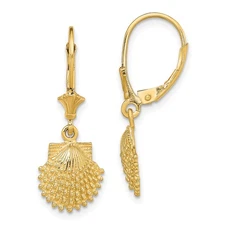14k Yellow Gold 2-D Beaded Scallop Shell Drop Dangle Earrings