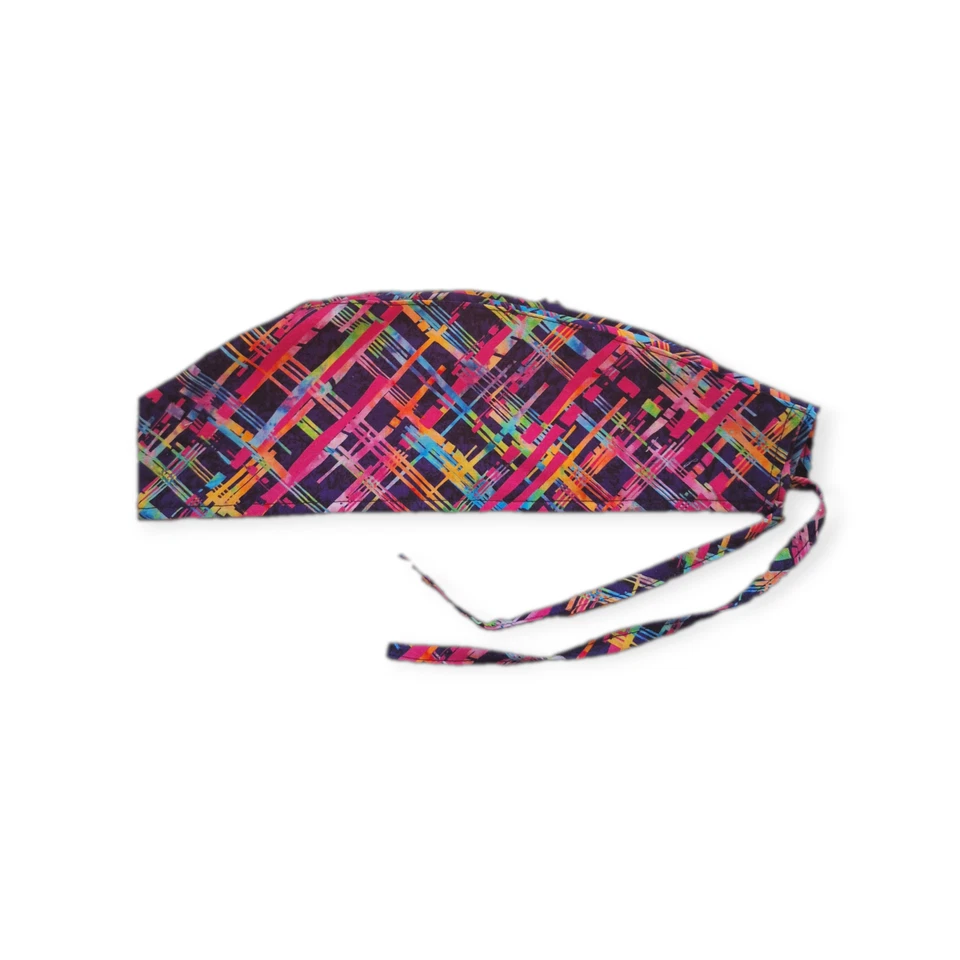 Colorful Plaid on Purple Tie Back Scrub hat/ cap 100% Cotton Surgical Medical - Image 2 of 2