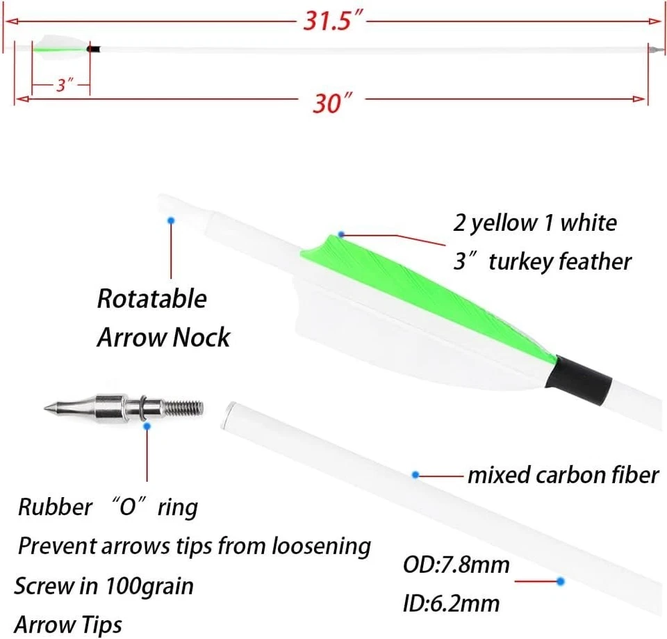 30" Carbon Arrows SP500 Feather Archery Screw Tips Recurve Compound Bow Hunting - Image 3 of 4