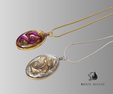 Handmade Resin Art Oval Pendant Necklaces Purple Gold Silver Abstract Design