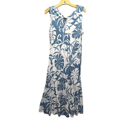 Puanani Dress Tropical Floral Monstera Leaf Blue White Maxi Sleeveless Resort