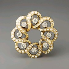 Vintage 14k Gold Diamond & Seed Pearl Concentric Loop Circle Brooch Pendant KGJ