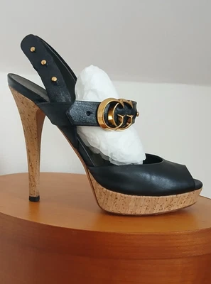 Gucci Marmont GG Cork Platform Peep Toe Slingback Sandals - Image 1 of 4