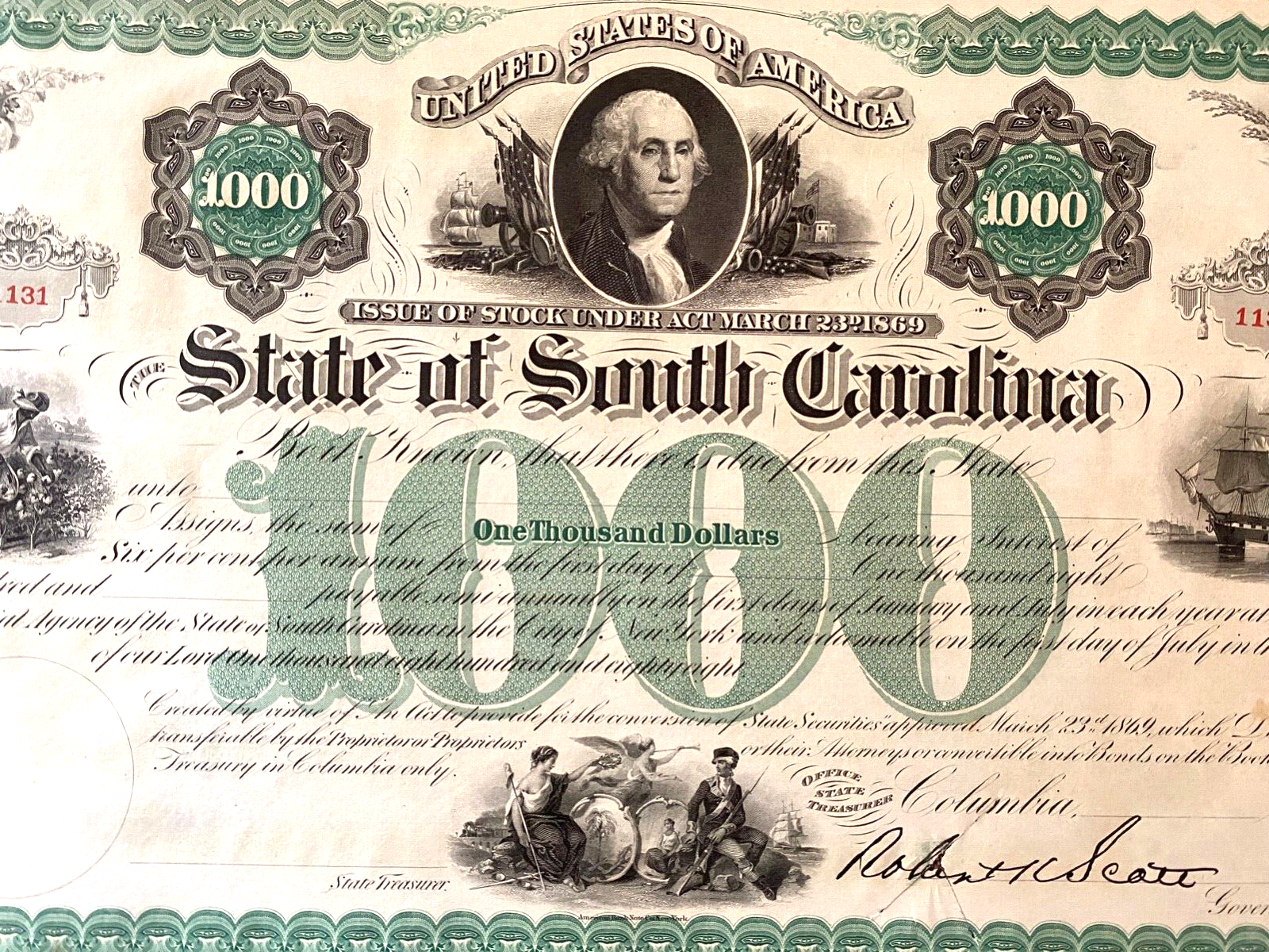 1869 STATE OF SOUTH CAROLINA 1000 STOCK CERTIFICATE UNISSUED ANTIQUE SC HISTORY eBay