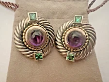 Vintage David Yurman Sterling Gold Round Amethyst Green Stone Cable ClipEarrings