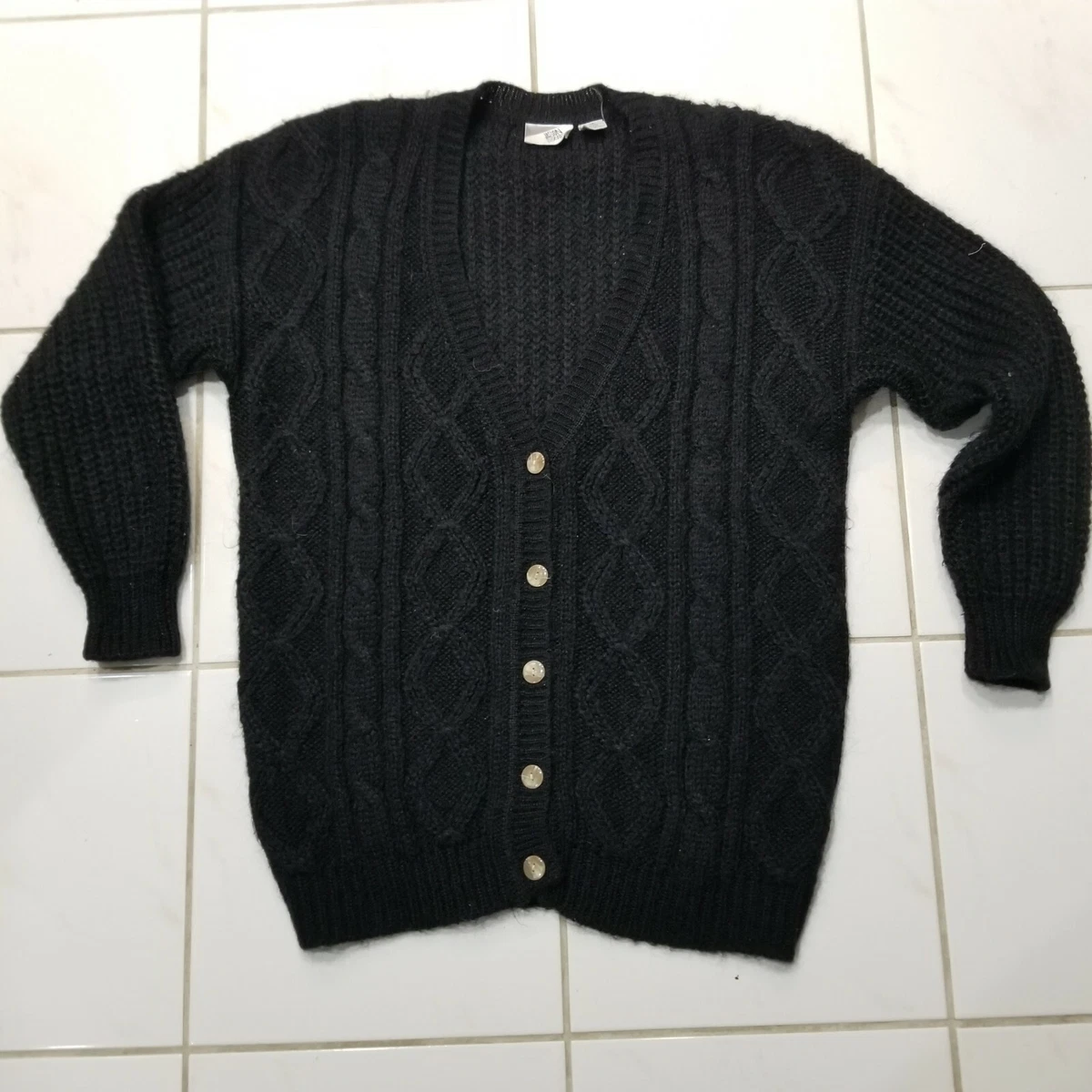 Vintage Black Mohair Blend Cable Knit Cardigan * Soft & Fuzzy * szM * EUC