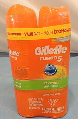 GILLETTE FUSION 5 SHAVING GEL, ULTRA SENSITIVE, LOT OF TWO 7 OZ BOTTLES