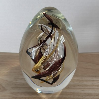 Vintage Hand Blown Art Glass Paperweight Egg Shape Purple Ribbon Gold