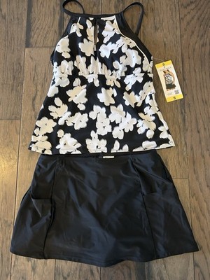 Ellen Tracy 2 Piece Tankini Skort Swimsuit Sz SMALL  BLACK/ White NWT
