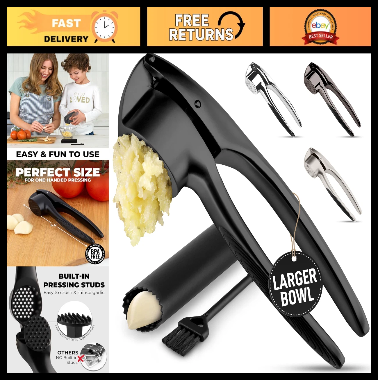Large Garlic Press Set - Rust Proof, Dishwasher Safe, Easy Squeeze Mincer Tool w