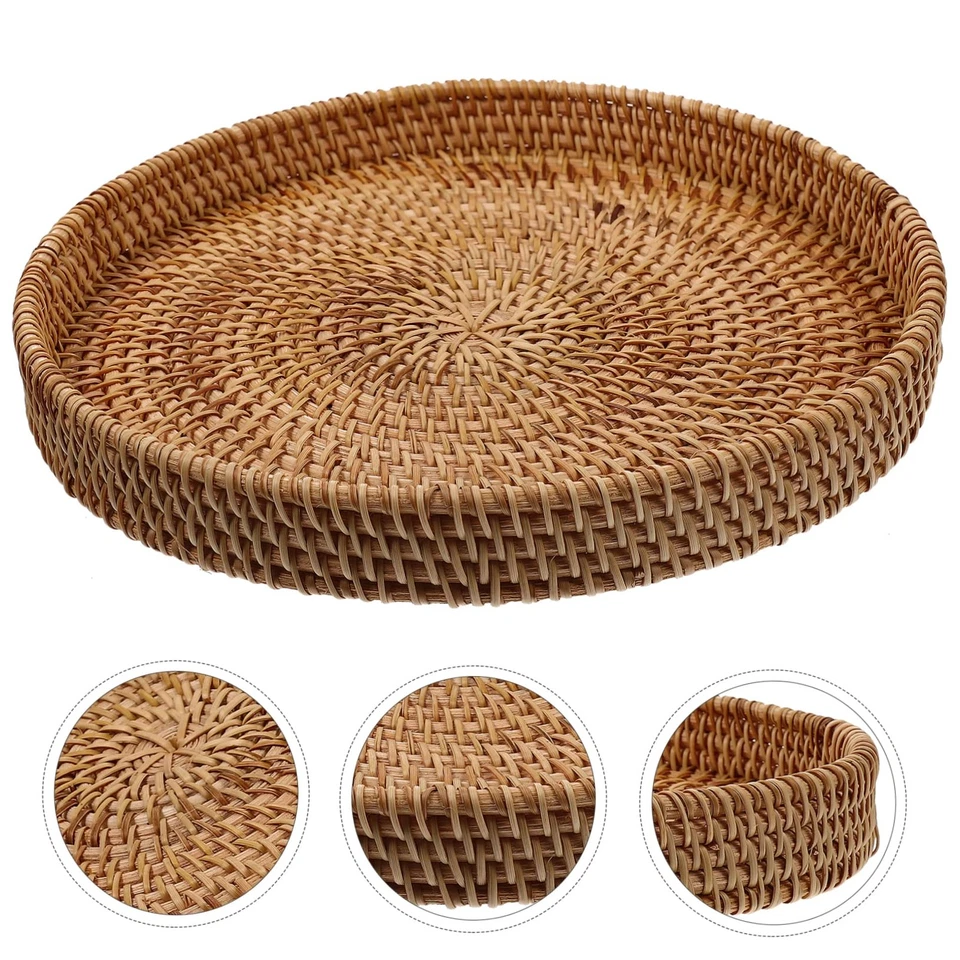 Rattan Storage Basket Rattan Tray Round Wicker Serving Basket Woven Bread Sma... - Image 2 of 4