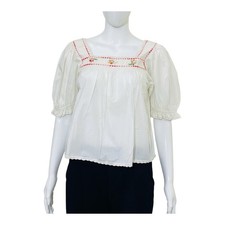 Doen Women's Floral Embroidered Ruffled Laced White Cotton Blouse Tunic Top S