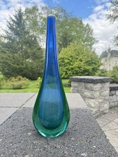 Vintage Murano Sommerso Glass Vase Blue Green Teardrop Mid Century Italy 12  