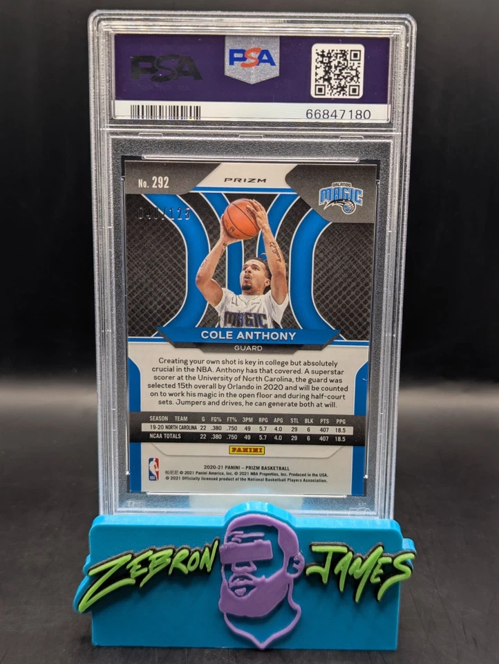 2020-21 Panini Prizm Cole Anthony Rookie Blue Cracked Ice Prizm /125 PSA 9 MINT - Image 2 of 3