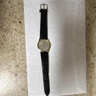 Seiko Quartz Vintage Dress Watch Gold Tone Case Silver Dial Black Leather