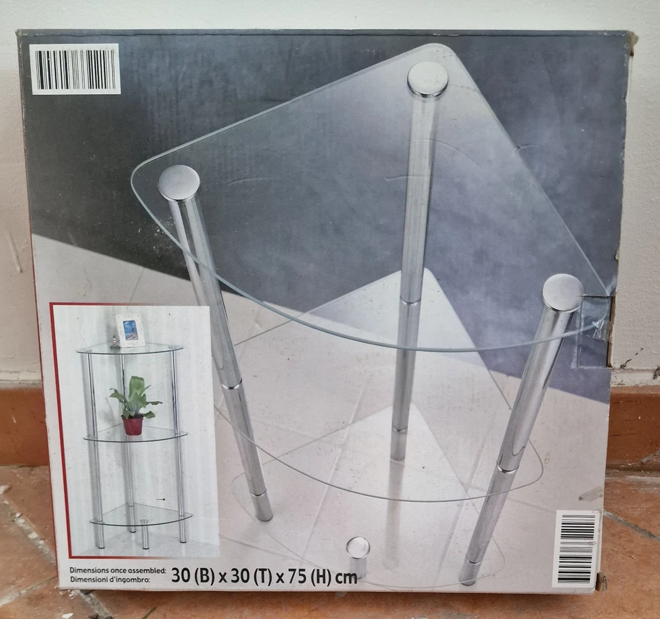 MENSOLA SCAFFALE ANGOLIERA  MULTIUSO A 3 RIPIANI AD ANGOLO IN VETRO 30X30X75 CM. - Immagine 2 di 4