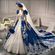Romantic Blue/White Gothic Wedding Dress Princess Short Sleeve Medieval BallGown
