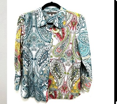 Sharon Young Top Sz M Blue Colorful Artsy Abstract Floral Long Sleeve Button Up