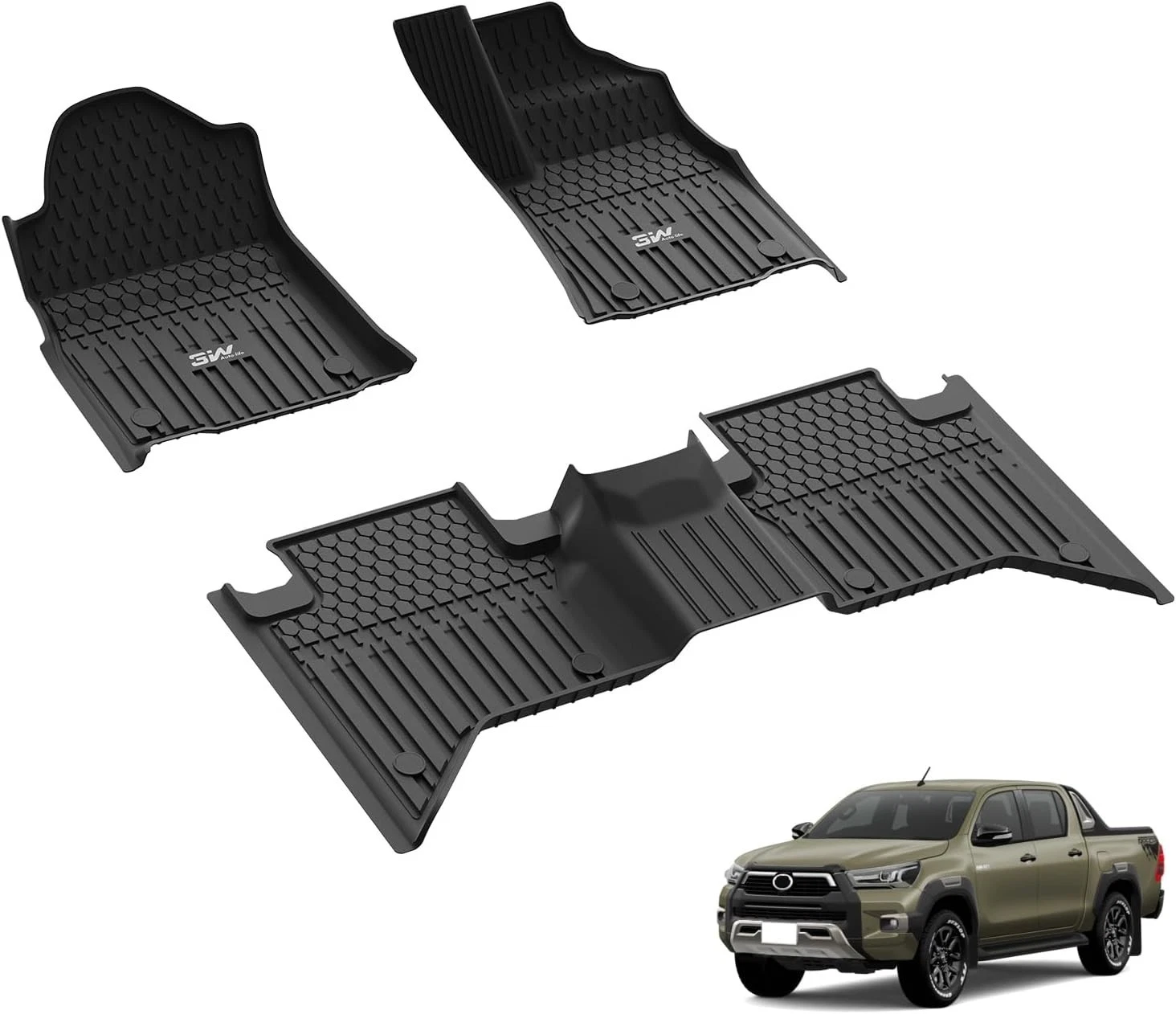 3W Floor Mats For 2020-2025 Toyota Hilux All Weather Tailored Fit TPE Car Liners