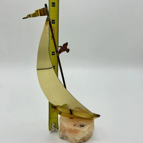 Vintage MCM Demott Brass Sail Boat Sculpture On Stone Unique - Picture 10 of 11