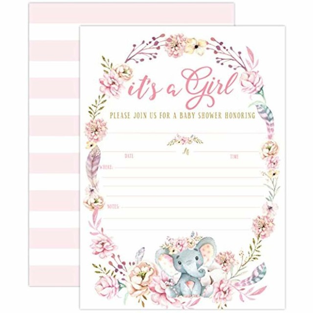 Elephant Baby Shower Invitation Girl Pink Shower Jungle Invite