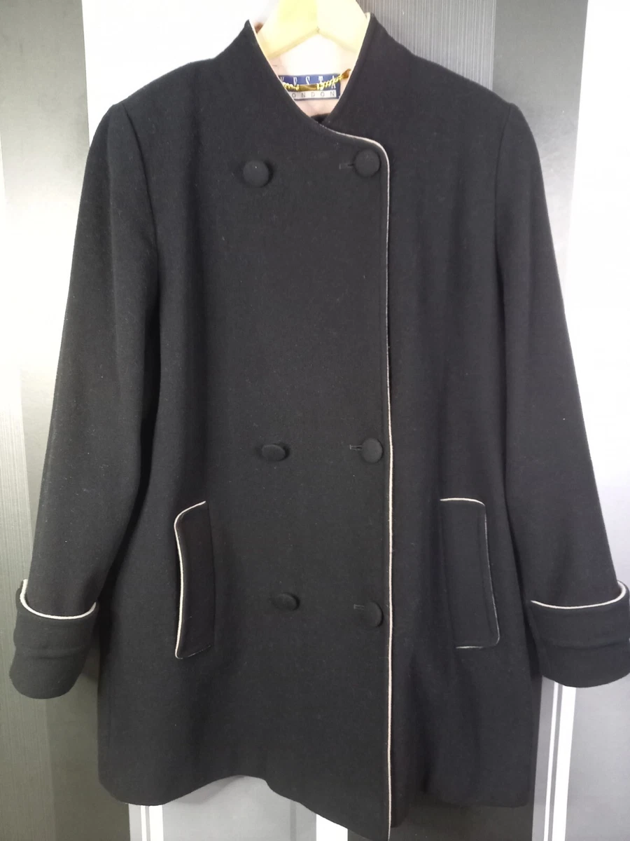 Kesta London Wool Cashmere Coat Womens 12 Button Up Pockets Black Good Condition
