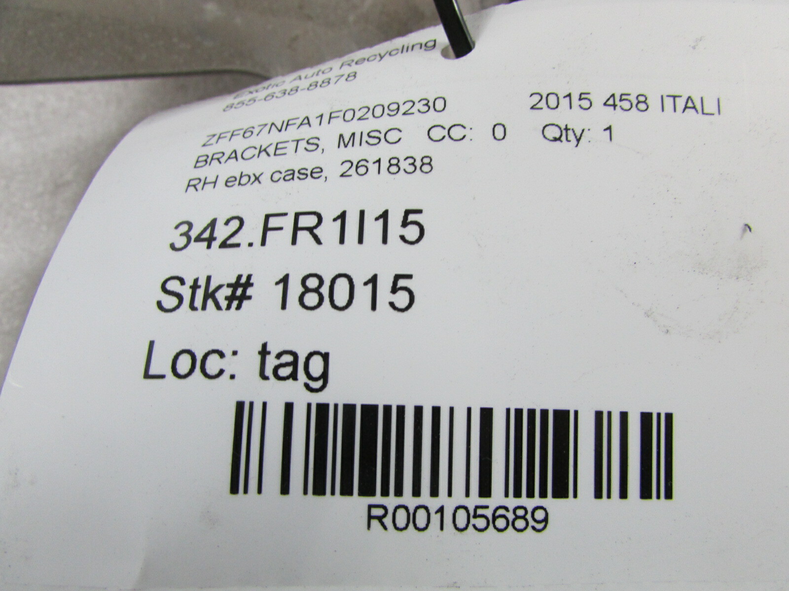 Ferrari 458 Italia, RH, Right ECU Bracket, Used, P/N 261838