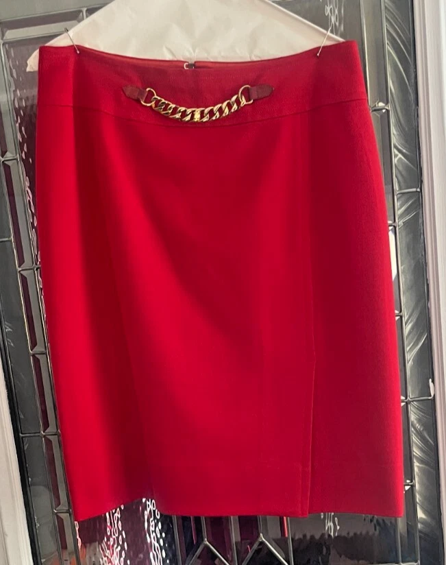 Falda lápiz Celine Paris para mujer talla 48 EE. UU. 16 roja 100 % lana cadena dorada cremallera