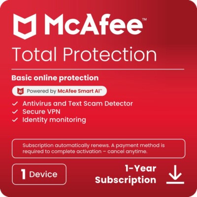 McAfee Total Protection 2025 | 1 Device | Direct from McAfee | Same Day Delivery