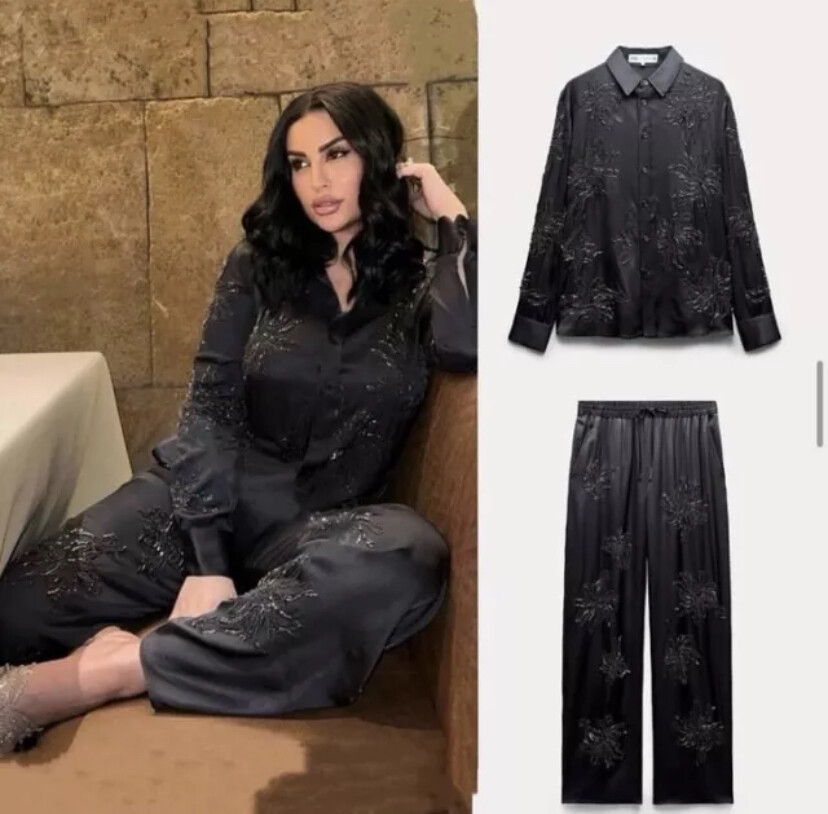 ZARA BEADED EMBROIDERY SET ANTHRACITE GREY (TROUSERS & SHIRT