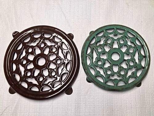 Vintage Lot Of 2 Circular Metal Enameled Trivets, Brown Mint Green - product listing photo